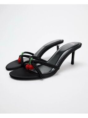 Zara Black Beaded Cherry-Accent Mid-Heel Sandals